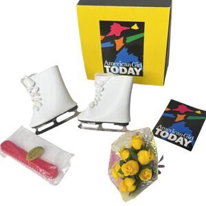 American Girl Doll Ice Skates Skating Gear Accessories Flower Bouquet Guards Box